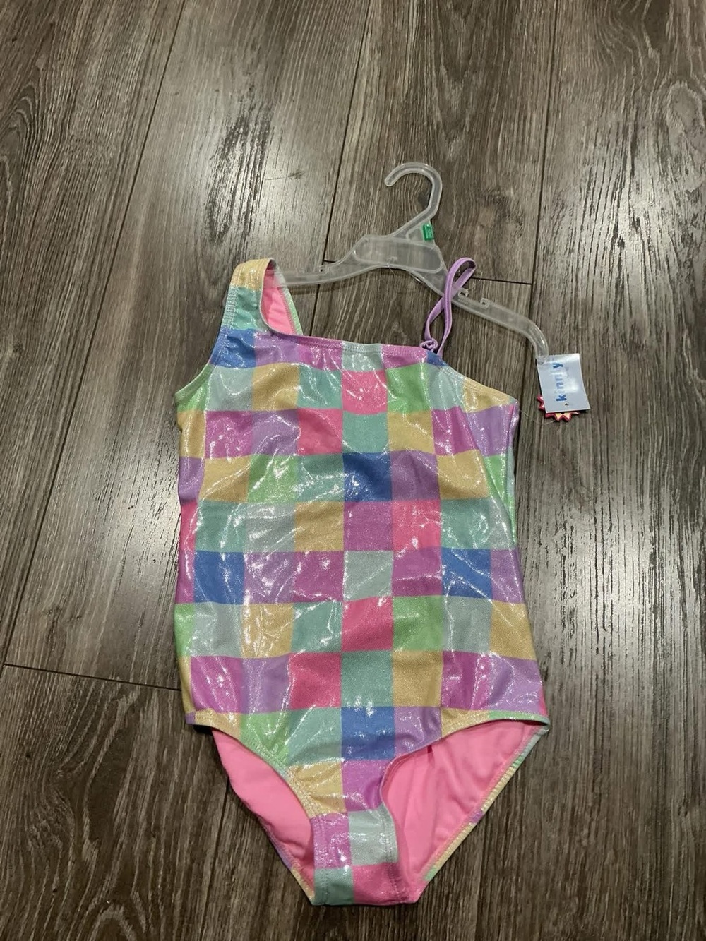 NWT Girls Pastel Check One-Piece Swimsuit - Pink Lining